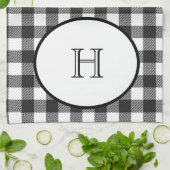 モノグラム入りブラックホワイトバイカラーのブルファロープレイド キッチンタオル (折り畳み)