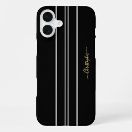 モノグラム入りブラックホワイトレーシングストライプ柄 iPhone 16 PLUSケース