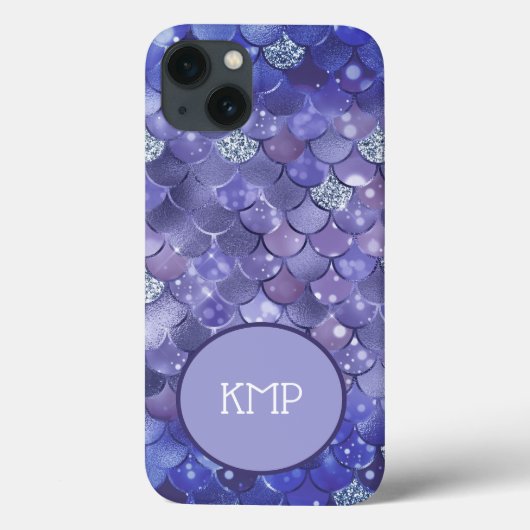 モノグラム入りブルーシルバーグリッターマーメイドスケール Case-Mate iPhoneケース (裏面)
