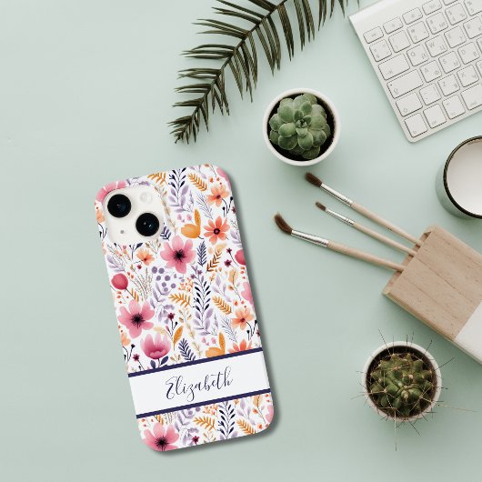 モノグラム入りボヘミアン風の野の花 ピンク パープル オレンジ コーラル Case-Mate iPhoneケース