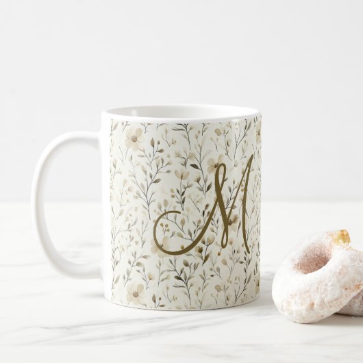 モノグラム入りボヘミアン風フラワープリント コーヒーマグカップ (ドーナツ)
