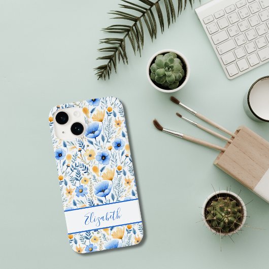 モノグラム入りボホスタイルの野の花 ブルー+イエロー フラワー Case-Mate iPhoneケース