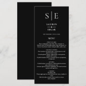 モノグラム入りモダンな黒と白の結婚式ディナーメニュー メニュー (正面/裏面)