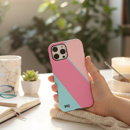 モノグラム入りモダンパステルピンク＆ブルー幾何学柄 iPhone 16 PRO MAXケース