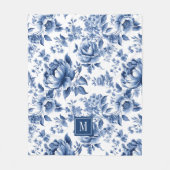 モノグラム入り上品なビンテージ風ブルーの花柄 フリースブランケット (正面)