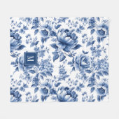 モノグラム入り上品なビンテージ風ブルーの花柄 フリースブランケット (正面(横))