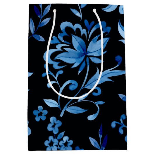 モノグラム入り上品なヴィンテージ風ブルーの花柄 ミディアムペーパーバッグ (正面)