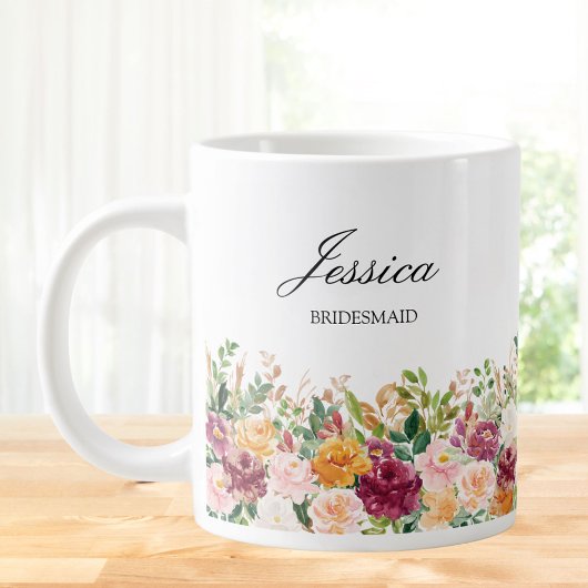モノグラム入り優雅な水彩の薔薇の花のブライズメイド ジャンボコーヒーマグカップ