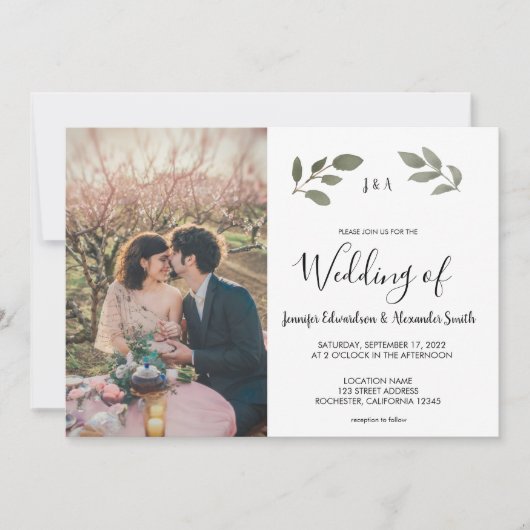 モノグラム入り写真のレトロボタニカルな結婚式 招待状 (正面)