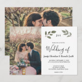 モノグラム入り写真のレトロボタニカルな結婚式 招待状 (正面/裏面)