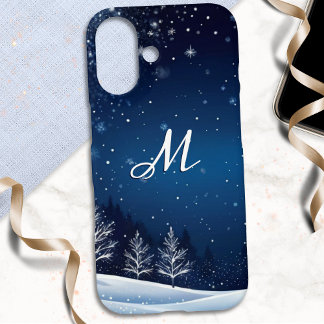 モノグラム入り冬の夜の雪景色 iPhone 16ケース