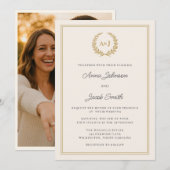 モノグラム入り月桂樹のリースと写真の結婚式 招待状 (正面/裏面)