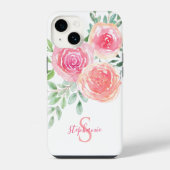 モノグラム入り水彩ピンクフラワー iPhoneケース (裏面)