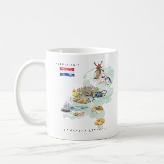 モノグラム入り水彩画風オランダ地図デザイン コーヒーマグカップ (左)