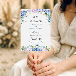 モノグラム入り淡青色の紫陽花の結婚式プログラム ハンドファン