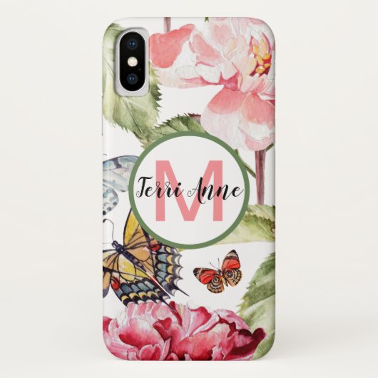 モノグラム入り牡丹と蝶のデザイン Case-Mate iPhoneケース (裏面)