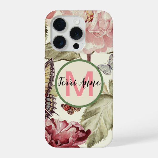モノグラム入り牡丹と蝶のデザイン iPhoneケース (裏面)