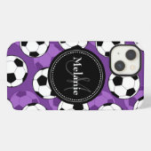 モノグラム入り紫黒サッカーボール柄 iPhoneケース (裏面横)