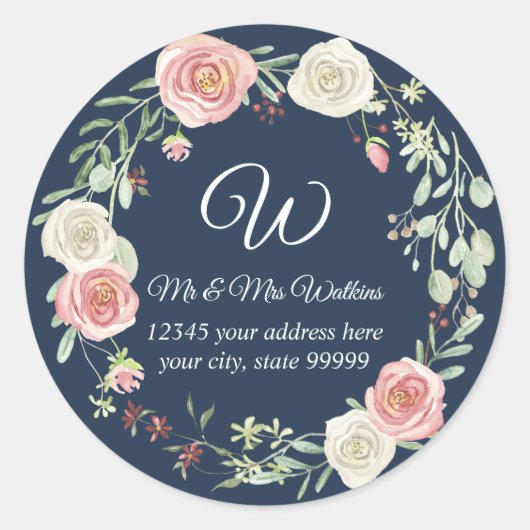 モノグラム入り返信住所 ネイビー ブラッシュ ローズ フローラル ラウンドシール (正面)