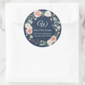 モノグラム入り返信住所 ネイビー ブラッシュ ローズ フローラル ラウンドシール (バッグ)
