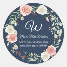 モノグラム入り返信住所 ネイビー ブラッシュ ローズ フローラル