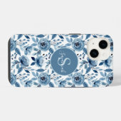 モノグラム入り青い水彩花柄 iPhoneケース (裏面横)
