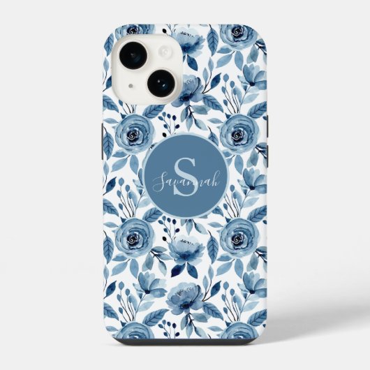 モノグラム入り青い水彩花柄 iPhoneケース (裏面)