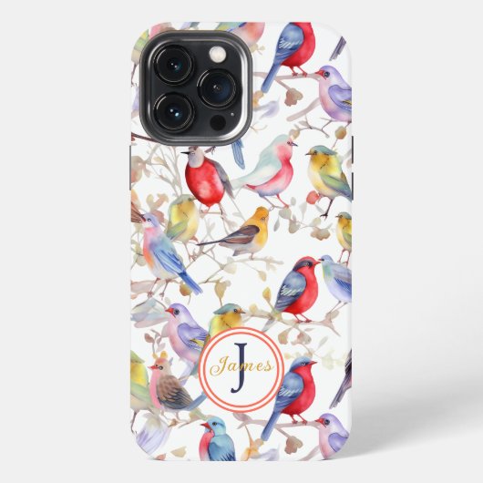 モノグラム入り魅惑の水彩鳥パターン iPhoneケース (裏面)
