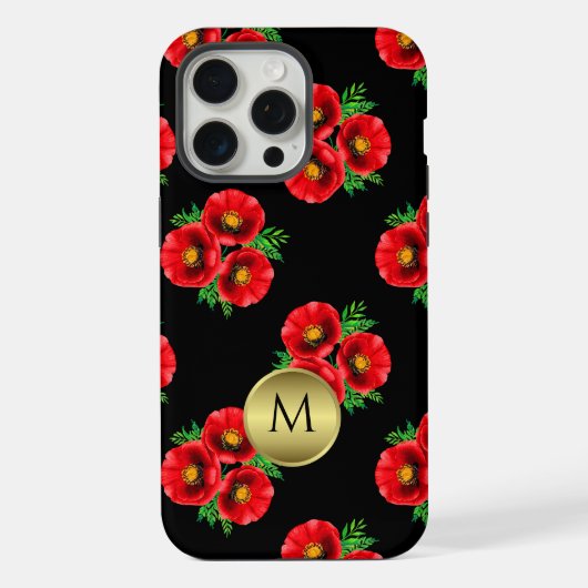 モノグラム入り黒と赤の花のポピー iPhoneケース (裏面)