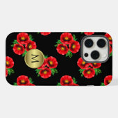 モノグラム入り黒と赤の花のポピー iPhoneケース (裏面横)