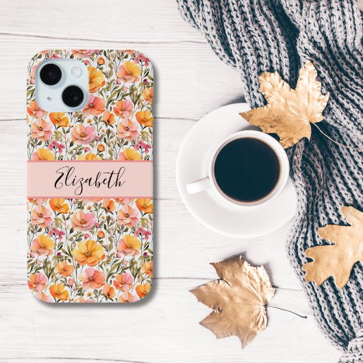 モノグラム入り ピンク イエロー オレンジの野の花 ギフト Case-Mate iPhoneケース