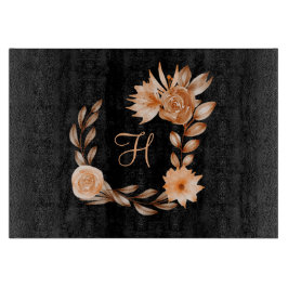モノグラム入り ブラック ブラウン ピンクの花柄 カッティングボード