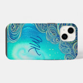 モノグラム入り ブルーとターコイズの抽象芸術 iPhoneケース (裏面横)