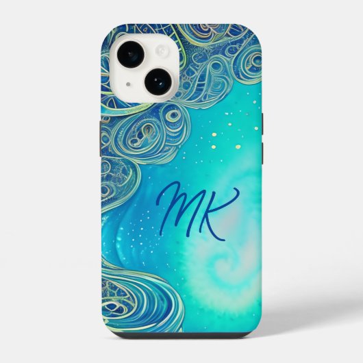 モノグラム入り ブルーとターコイズの抽象芸術 iPhoneケース (裏面)