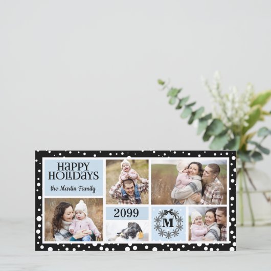 モノグラム入り ブルーとブラックのスノーフレーク シーズンカード (スタンド正面)