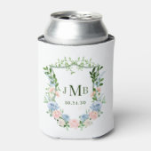 モノグラム入り ブルーピンクの花とクレストの結婚式 缶クーラー (缶正面)