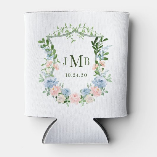 モノグラム入り ブルーピンクの花とクレストの結婚式 缶クーラー (正面)