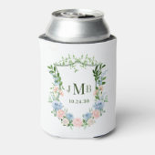 モノグラム入り ブルーピンクの花とクレストの結婚式 缶クーラー (缶裏面)