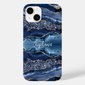 モノグラム入り ブルー ゴールド アゲート マーブル ギラギラ Case-Mate iPhoneケース (裏面)