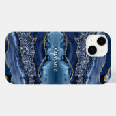 モノグラム入り ブルー ゴールド アゲート マーブル ギラギラ Case-Mate iPhoneケース (裏面 (横))