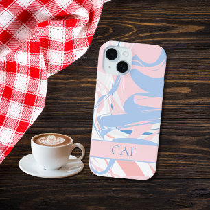 モノグラム入り ブルー ホワイト ピンク 大理石 スワール iPhone 15ケース