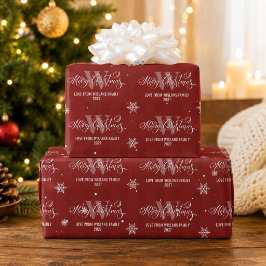 モノグラム入り メリークリスマス 上品なカリグラフィー 赤 ラッピングペーパー
