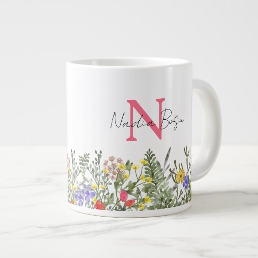 モノグラム入り 水彩画の野の花の草原 フラワーマグ ジャンボコーヒーマグカップ (正面右)