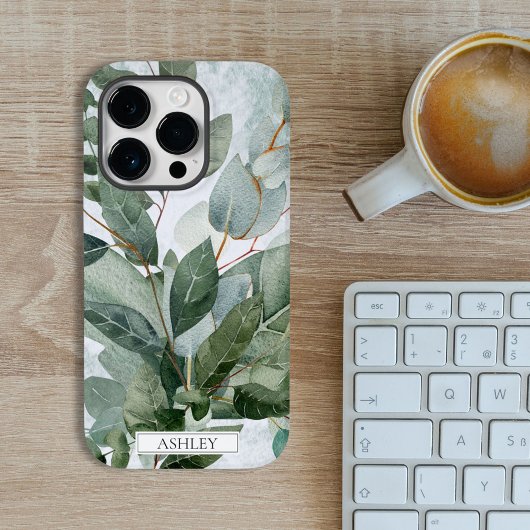 モノグラム入り 水彩画風の rustic sage グリーンネイチャー iPhoneケース