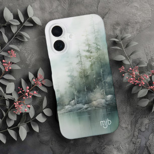 モノグラム入り 田舎風の山の湖の自然風デザイン iPhone 16ケース
