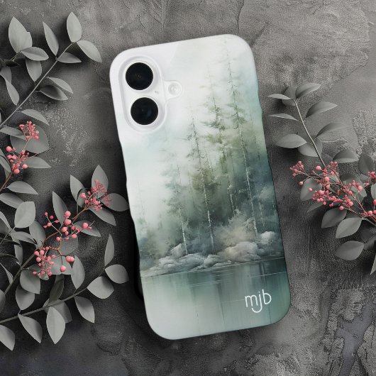 モノグラム入り 田舎風の山の湖の自然風デザイン iPhone 16ケース