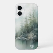 モノグラム入り 田舎風の山の湖の自然風デザイン iPhone 16ケース (裏面)