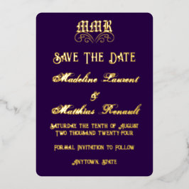 モノグラム入り 高級感のあるダークパープルとゴールドのSave the Date 箔招待状