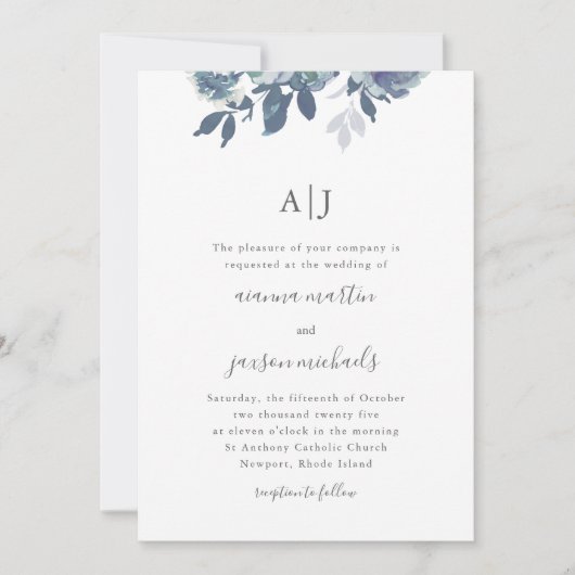 モノグラム写真と美しい青のフローラ結婚ズ 招待状 (正面)