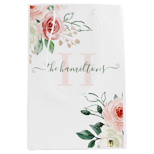 モノグラム写真ウォーターカラーピンクローズギフトバッグ ミディアムペーパーバッグ (正面)